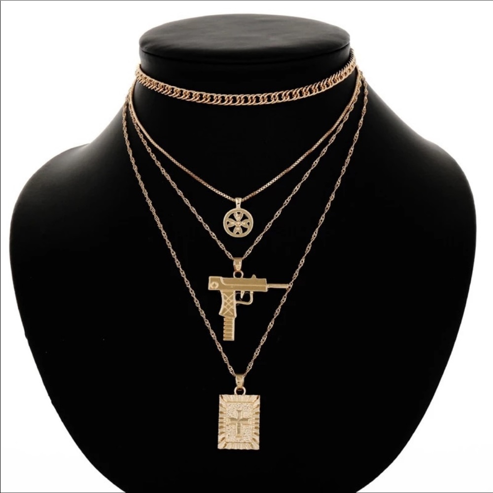 Layered Necklace Gun and Cross And Choker - Picture 2 of 4